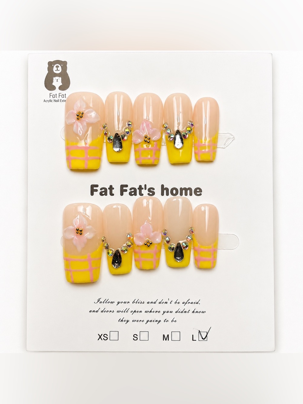 NEW Yellow Plaid French Tip Press On Nails |3D Floral | Long Square | Large